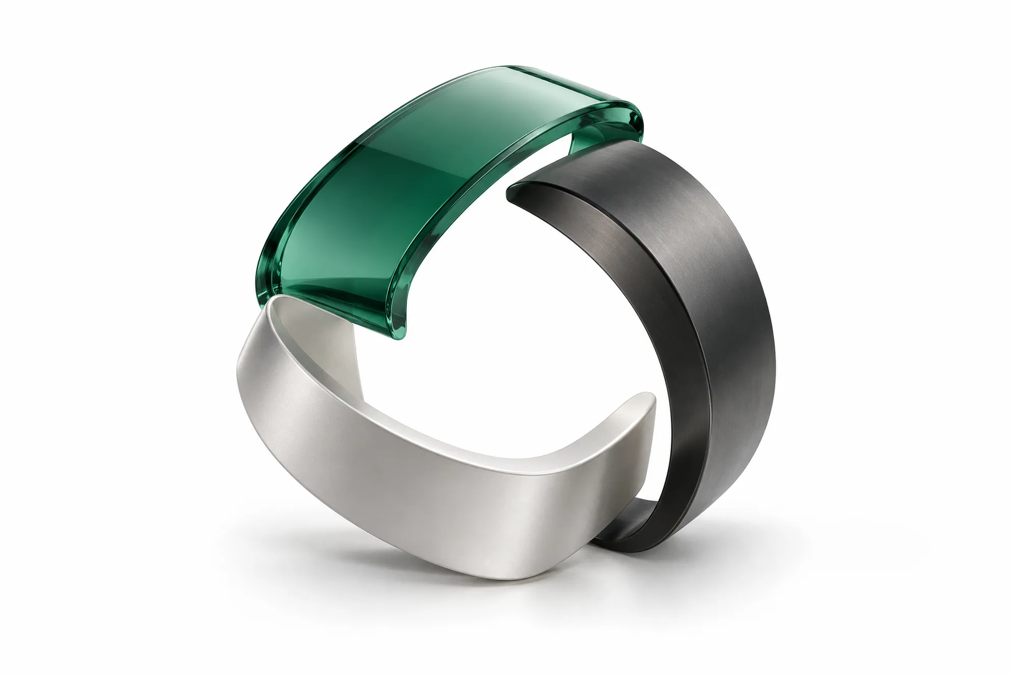 Abstract ring of interlocking dark gray, green glass, and silver arcs