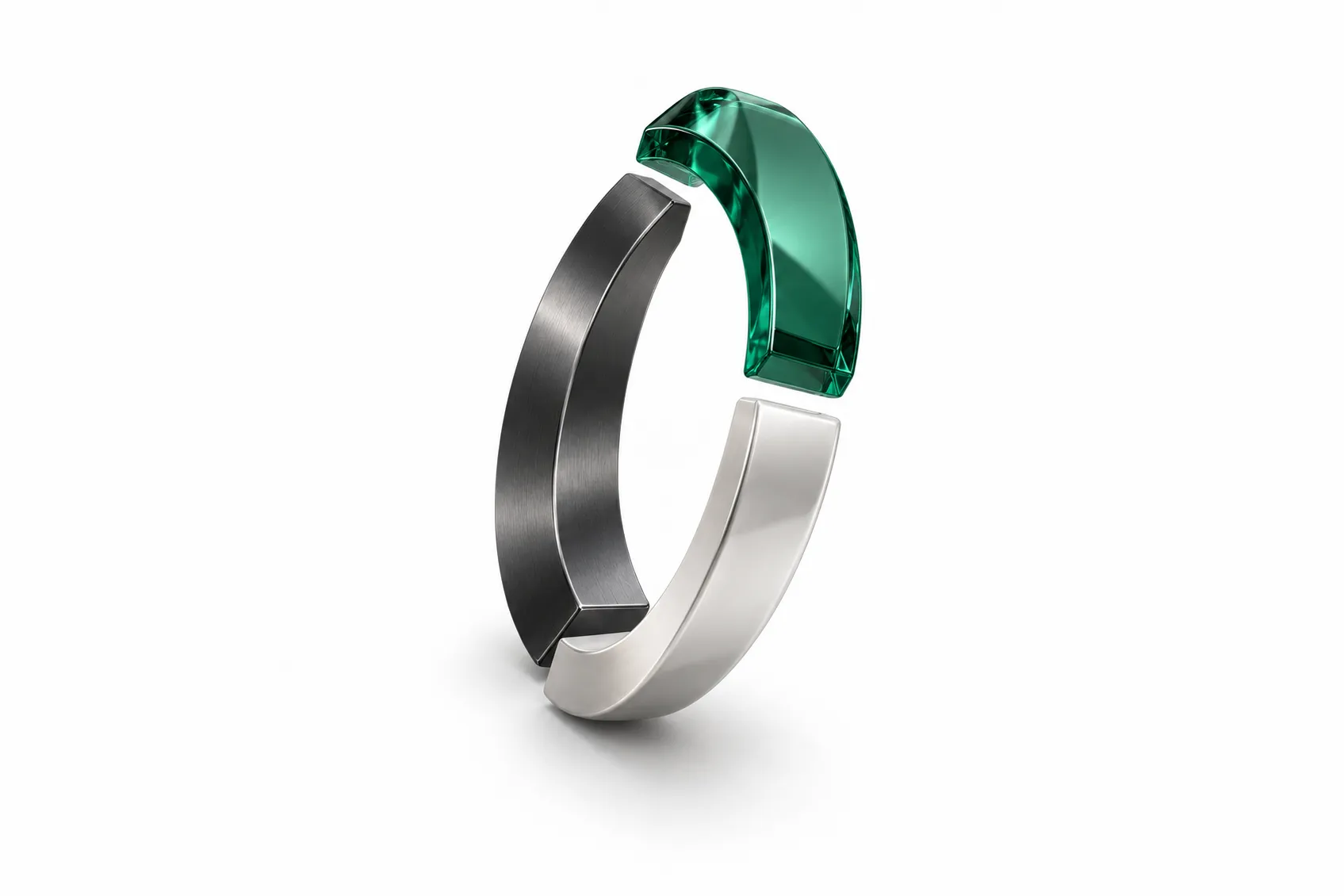 Abstract ring formed from dark gray, green glass, and silver arcs