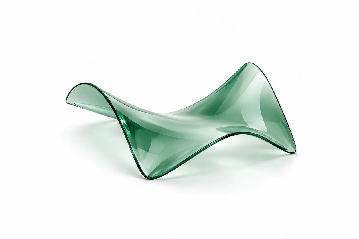 Translucent green glass arc against a white background